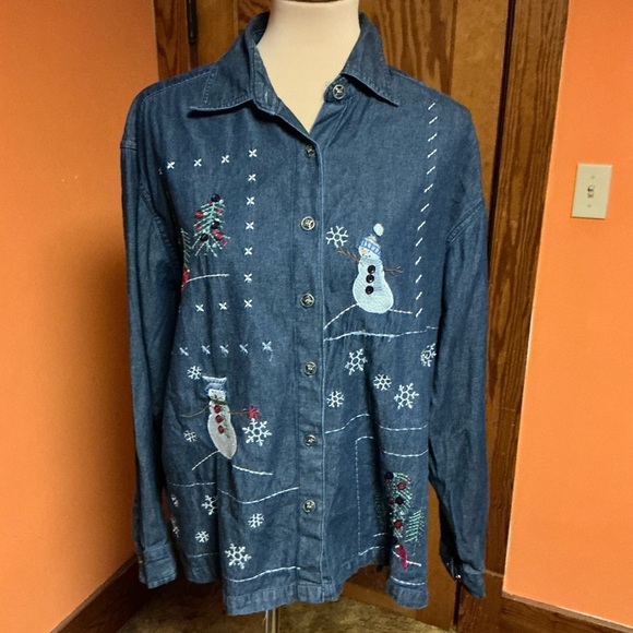 Vtg Y2K embroidered snowman denim shirt - Picture 4 of 10